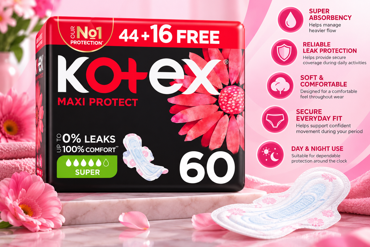 Kotex Maxi Pads Super – 60 Pads Mega Pack x 2 packs =120 total pads