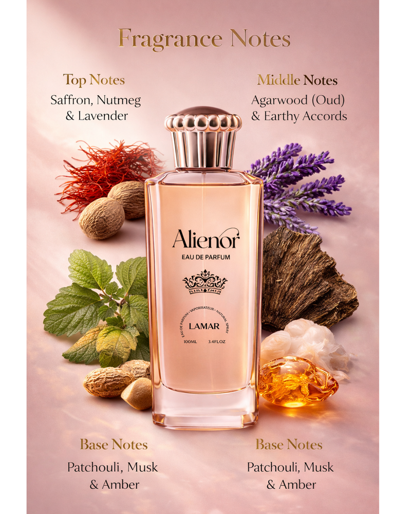 Alienor perfume bottle with fragrance notes description on a pink background