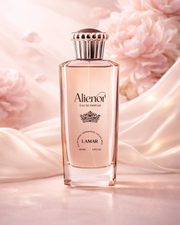 Perfume bottle labeled 'Alienor' with a soft pink floral background
