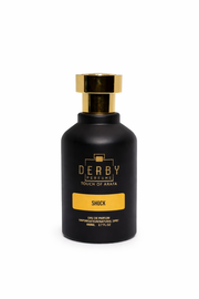 Black perfume bottle with gold cap and 'Derby Perfume' branding on a white background
