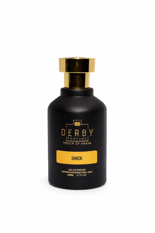 Black perfume bottle with gold cap and 'Derby Perfume' branding on a white background