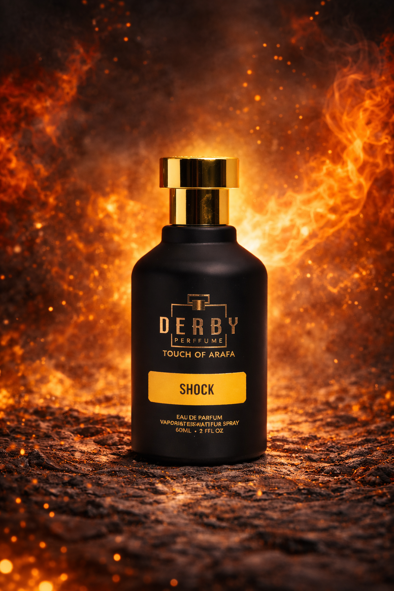 Perfume bottle labeled 'Derby' with a fiery background
