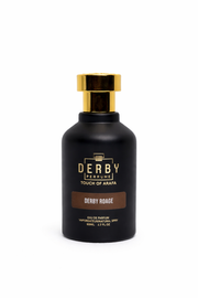 Black perfume bottle with gold cap labeled 'Derby Perfume' on a white background