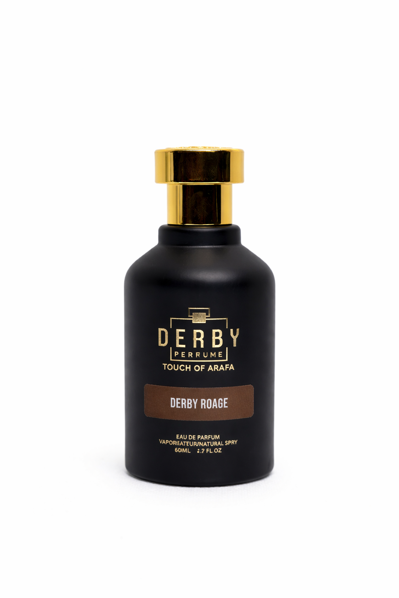 Black perfume bottle with gold cap labeled 'Derby Perfume' on a white background