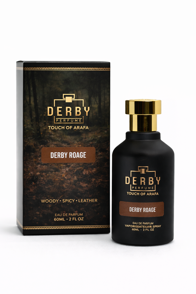 Derby Roage perfume bottle and packaging on a white background