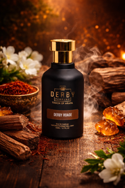 Derby Royale perfume bottle on a wooden surface with aromatic elements