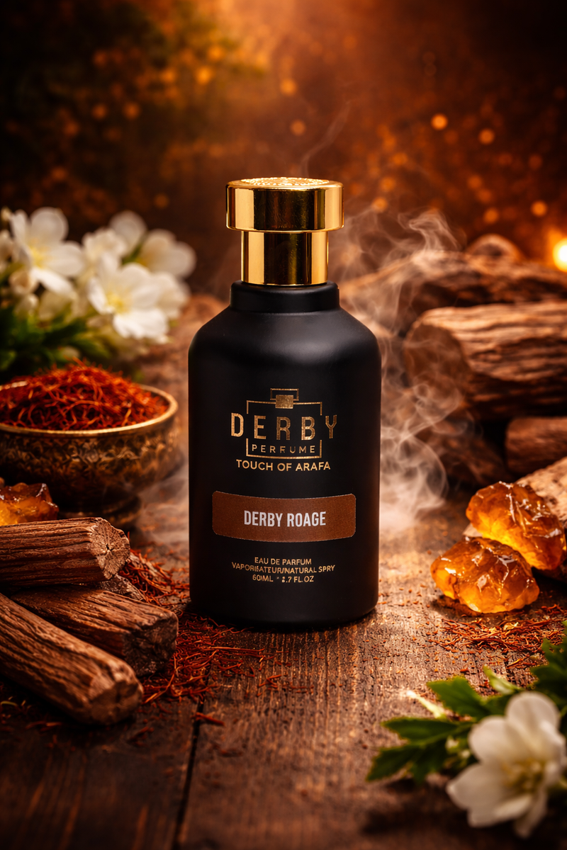 Derby Royale perfume bottle on a wooden surface with aromatic elements