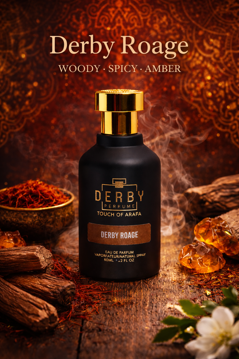 Derby Roage perfume bottle with spices and flowers on a dark background