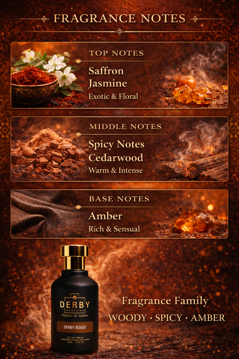 Fragrance notes with top, middle, and base notes displayed on a dark background with a bottle of Derby perfume.
