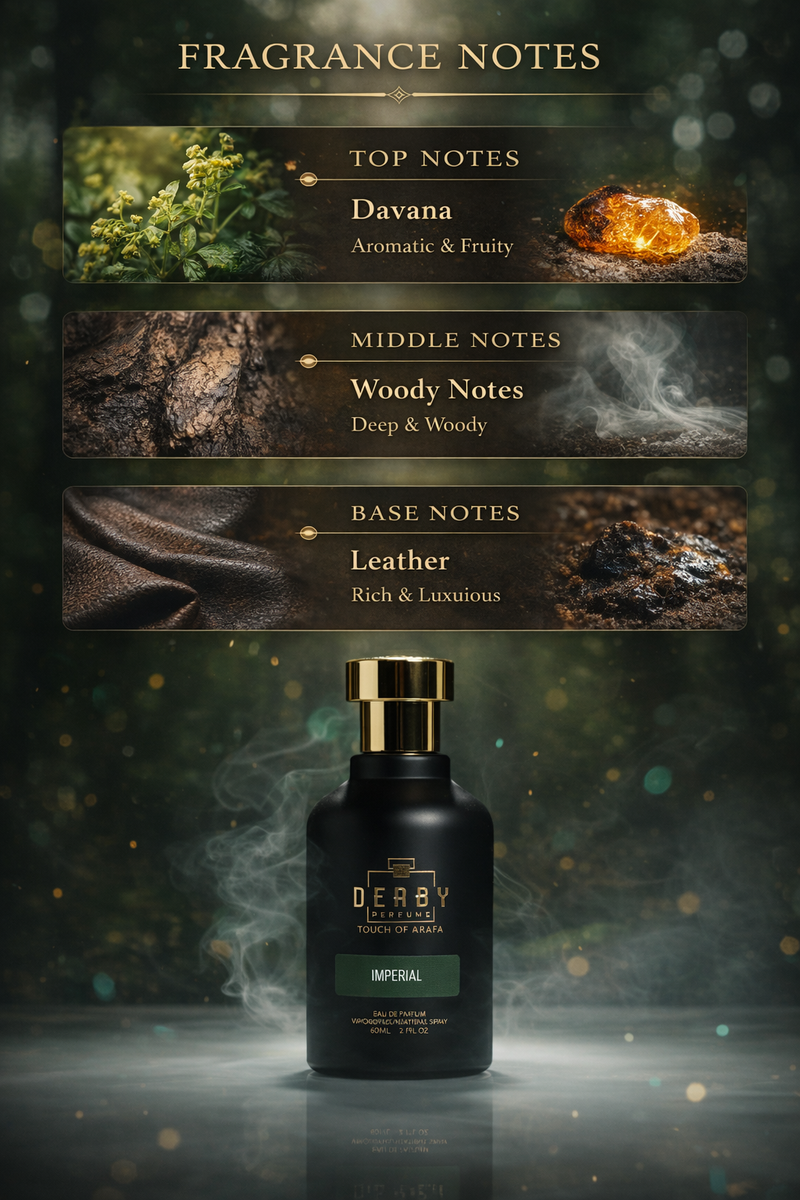 Derby Imperial perfume bottle with fragrance notes displayed above it on a dark background.