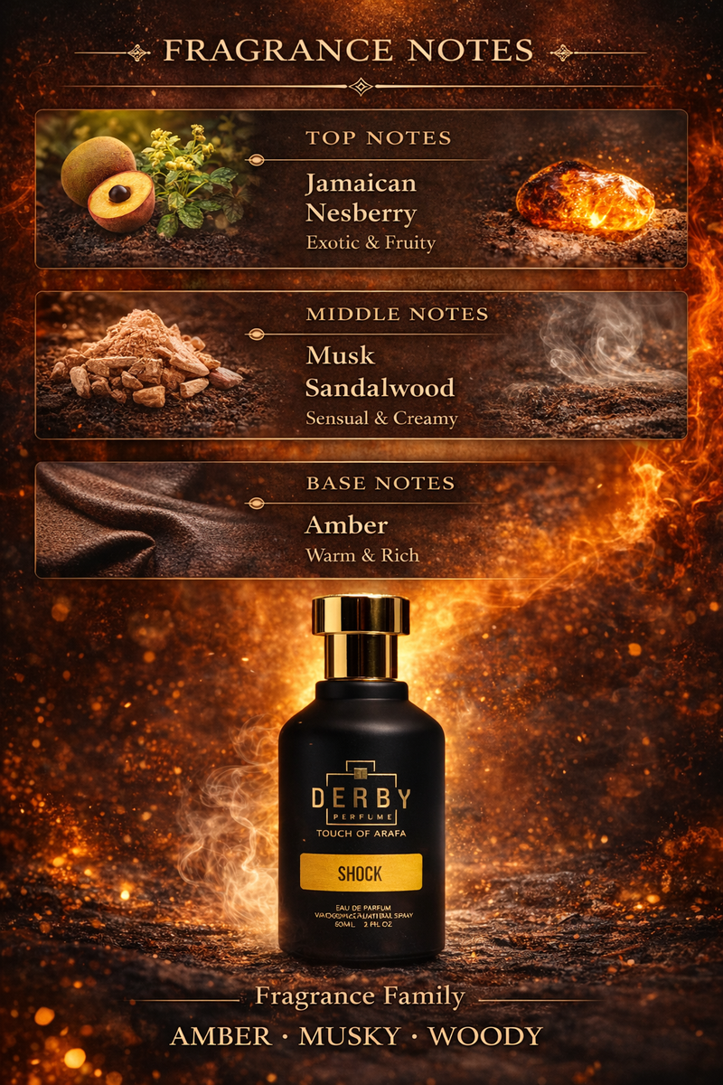 Derby & Co. perfume bottle with fragrance notes on a warm, glowing background