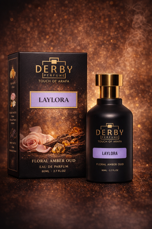 Derby Laylora perfume bottle and packaging on a brown background