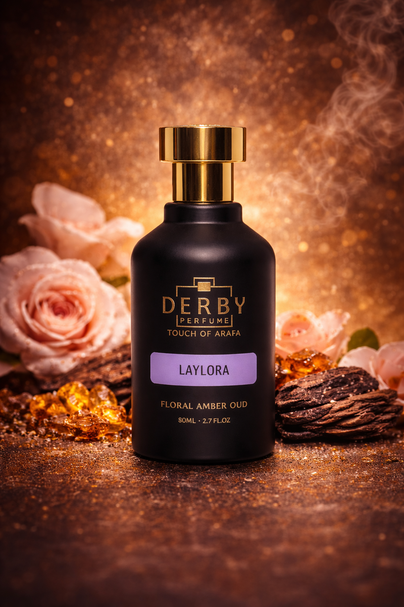 Perfume bottle labeled 'Derby' with floral and amber elements on a warm-toned background