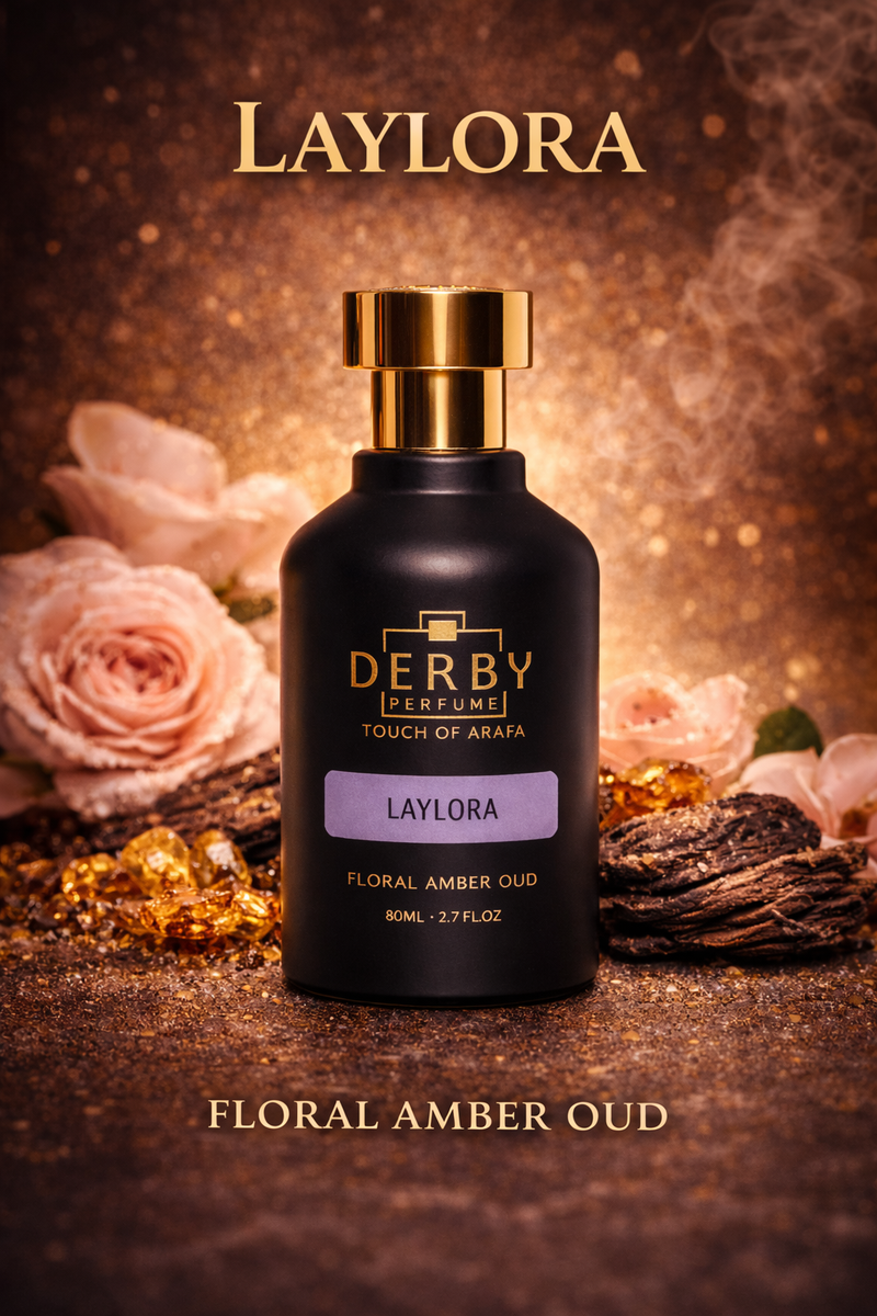 Derby perfume bottle with gold cap and 'Laylora' branding on a decorative background with flowers and amber.