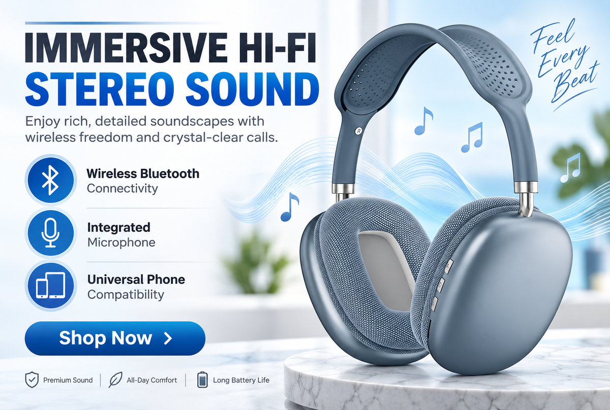 Premium P9 Over-Ear Wireless Bluetooth Headphones - Noise Cancelling, Hi-Fi Stereo Sound, Sport Headset with Microphone, Compatible with All Phones for Enhanced Music and Calls""