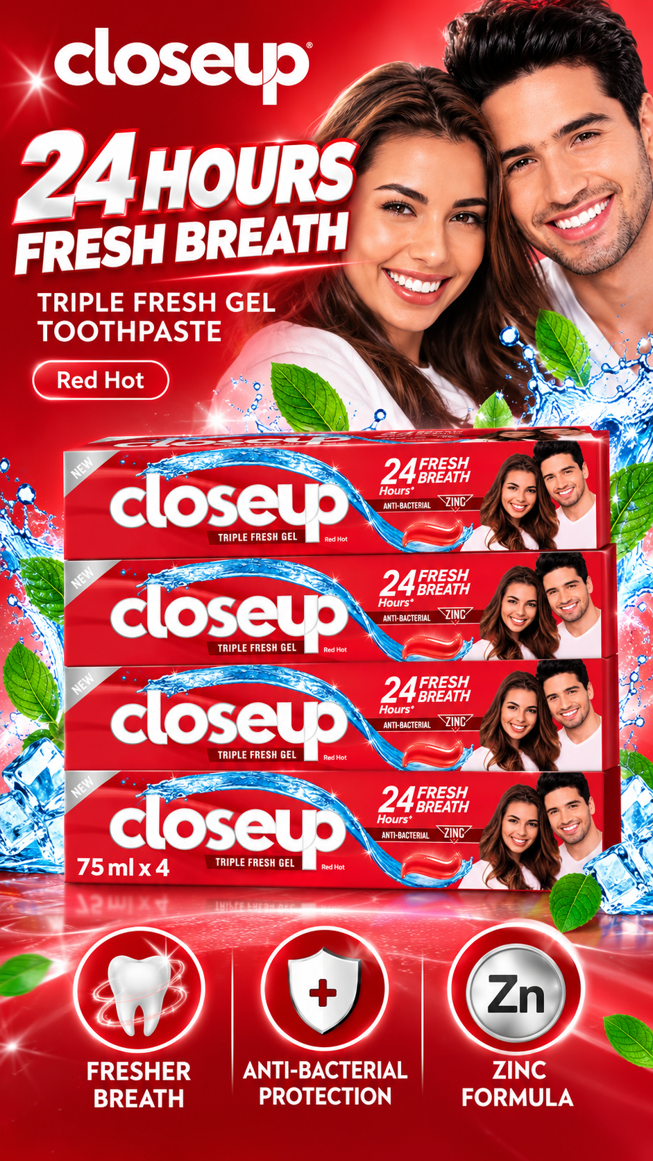 Closeup Red Toothpaste – Fresh Breath & Daily Cleaning 75ml 4 Pcs