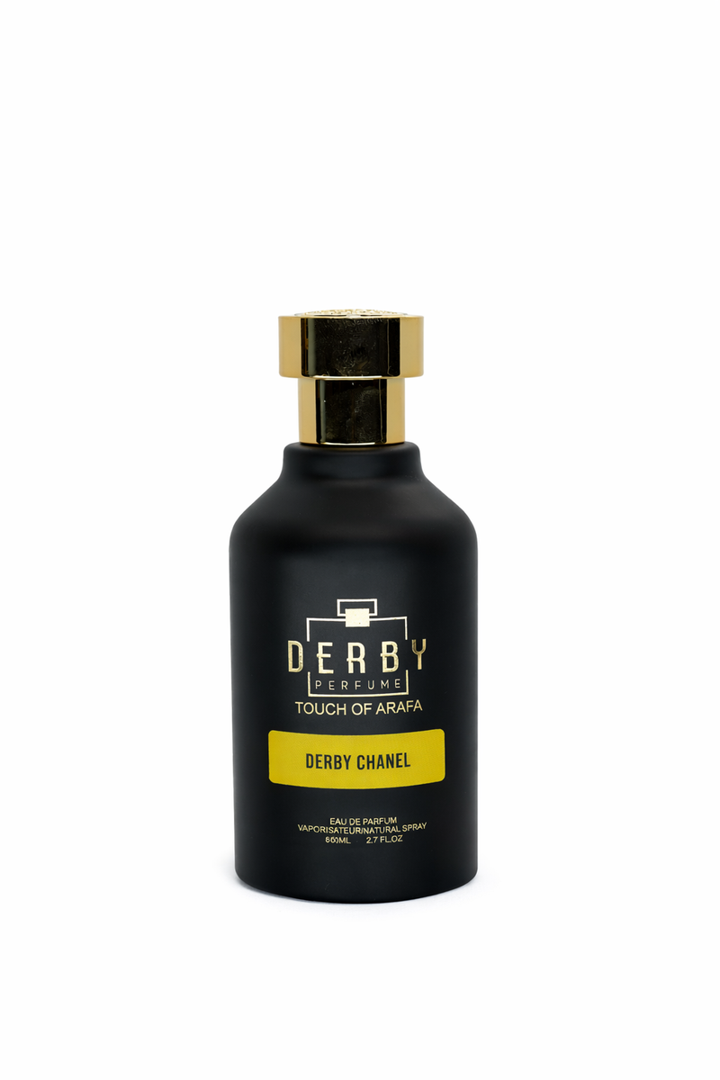 Black perfume bottle with gold cap on a white background