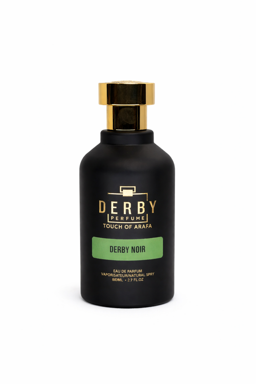 Black perfume bottle with gold cap labeled 'Derby Perfume' on a white background