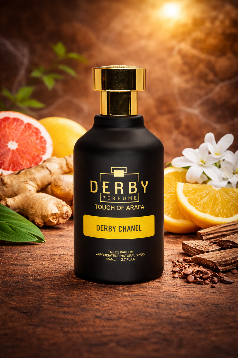 Black perfume bottle with gold cap on a wooden surface with fruits and spices