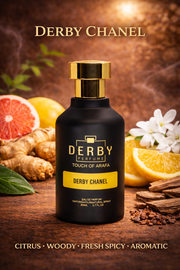 Derby Chanel perfume bottle with citrus fruits and flowers on a wooden background