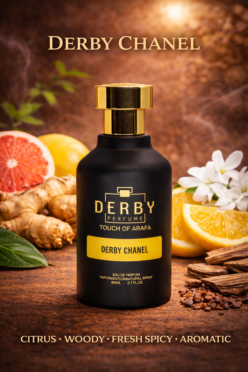 Derby Chanel perfume bottle with citrus fruits and flowers on a wooden background