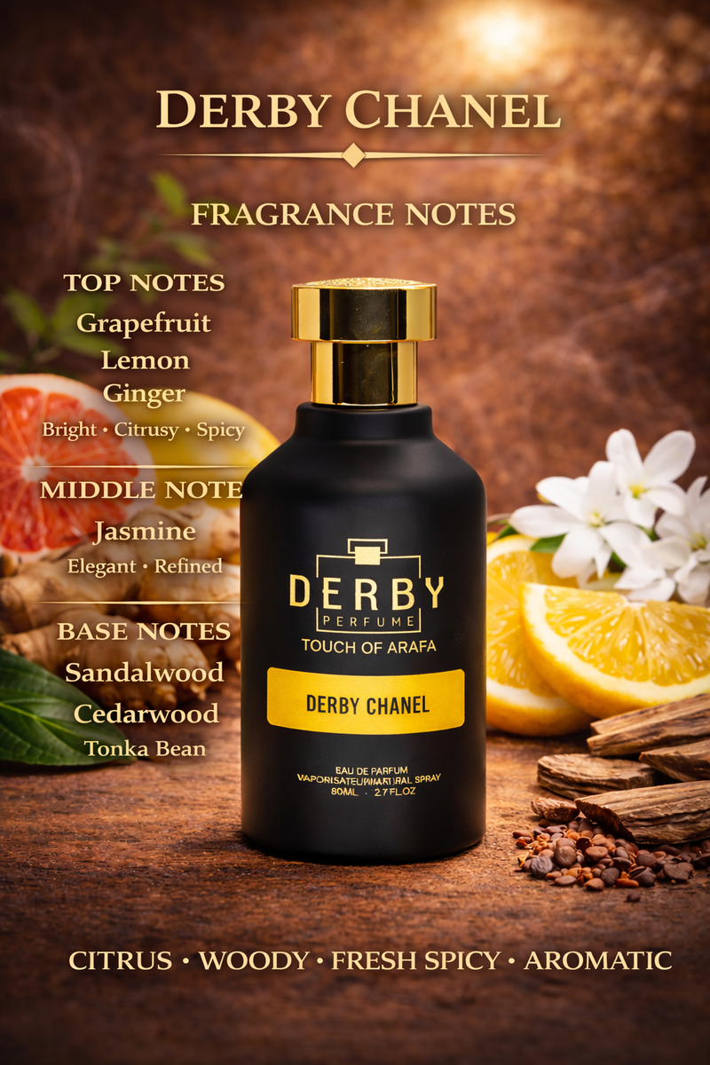 Derby Chanel perfume bottle with fragrance notes on a wooden surface