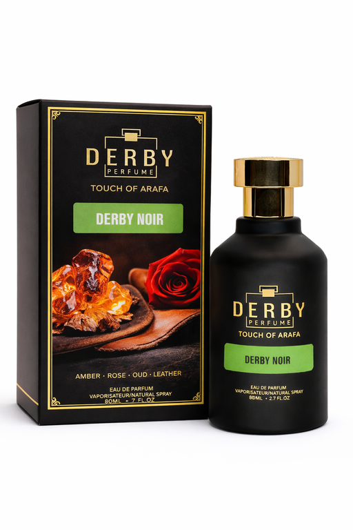 Derby Noir perfume bottle and packaging on a white background