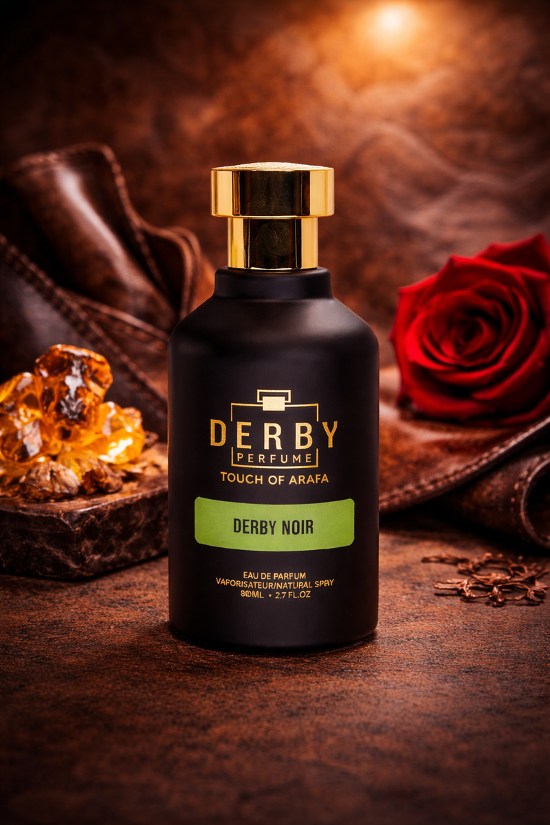 Black perfume bottle with gold cap labeled 'Derby' on a rustic background with a red rose and amber.