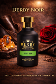 Derby Noir perfume bottle with a red rose and amber on a dark background