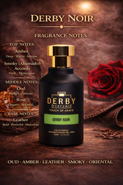 Derby Noir perfume bottle with fragrance notes on a dark background