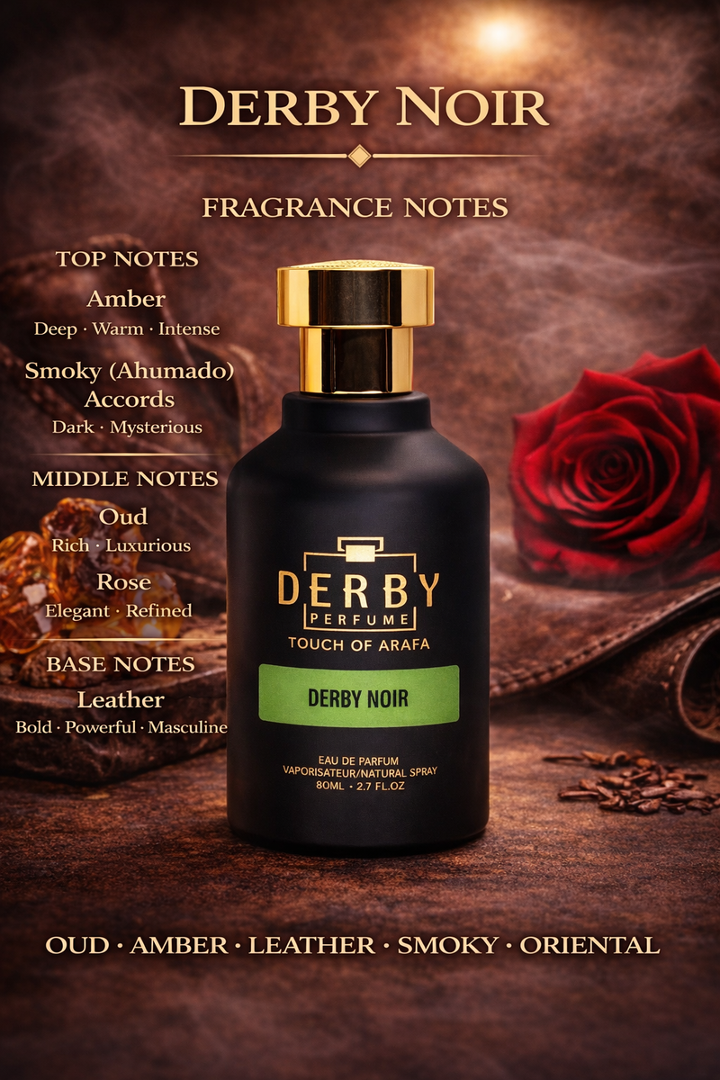 Derby Noir perfume bottle with fragrance notes on a dark background