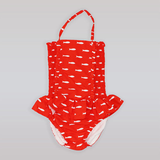 Rachel Riley Girls Red Fish Print Ruched One Piece Swimsuit