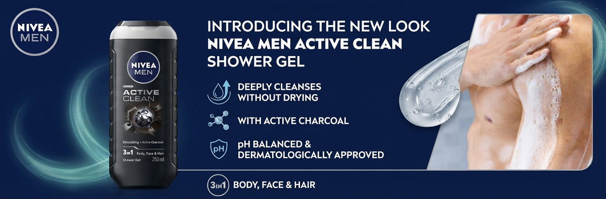 Nivea Men Active Clean 3in1 Shower Gel Cleans Body Face and Hair with Active Charcoal, 250 ml