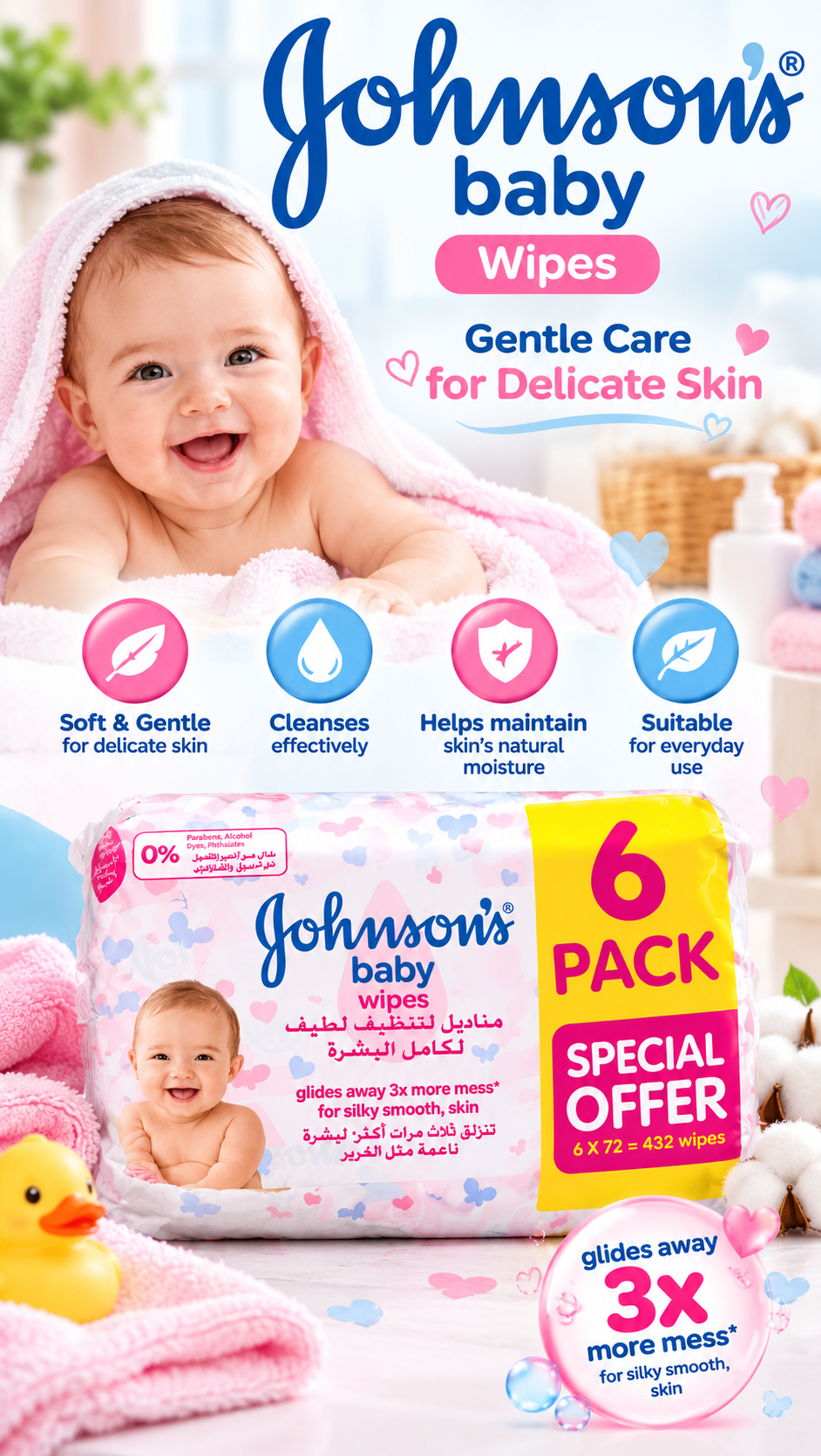 Johnson’s Baby Wipes – Gentle Cleansing, 72 Count