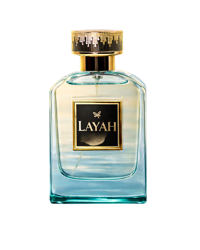 Perfume bottle with 'LAYAH' branding on a white background
