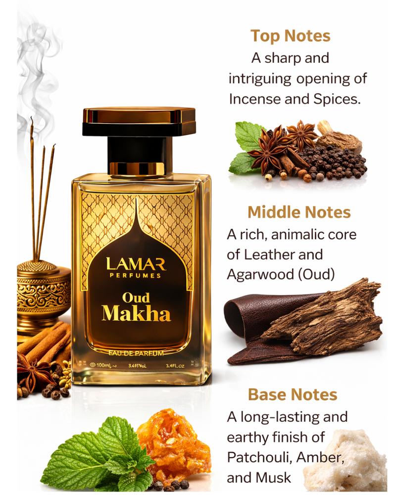 Lamar Perfumes Oud Makha perfume bottle with notes description on a white background
