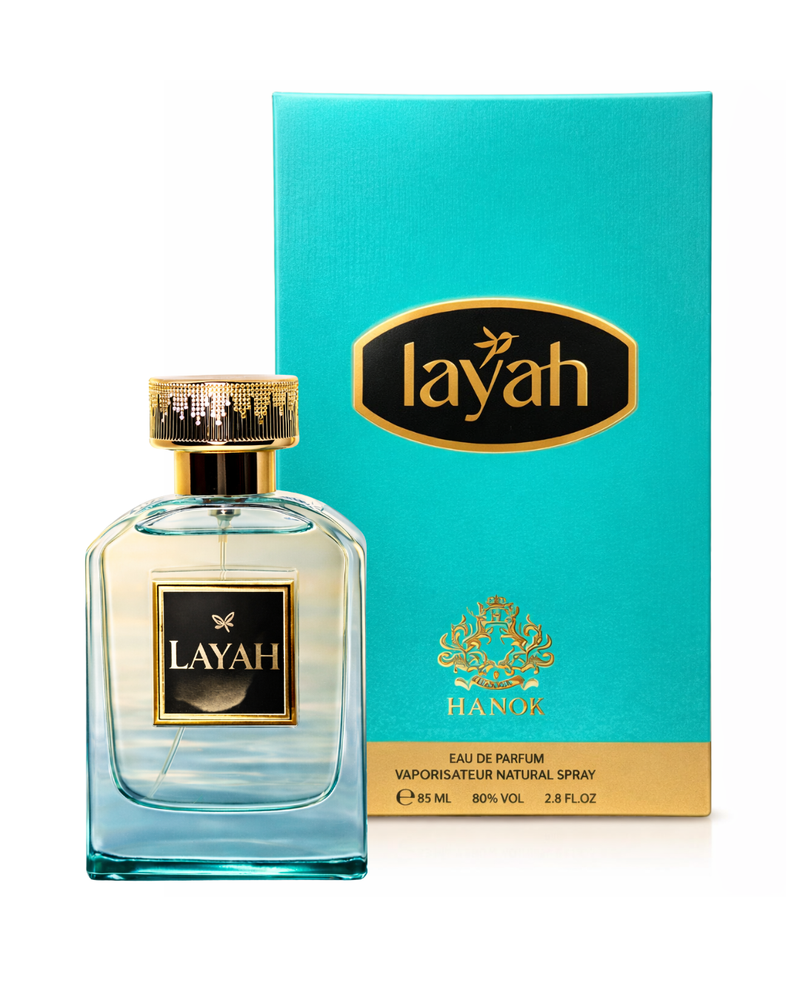 Layah perfume bottle and packaging on a white background