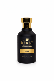Black and gold perfume bottle labeled 'Derby' on a white background