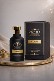 Black Derby perfume bottle and packaging on a decorative tray with a soft background