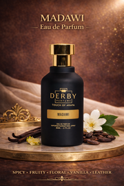 Black perfume bottle with gold accents on a decorative platform, featuring 'Derby Perfume' and 'Madawi'.
