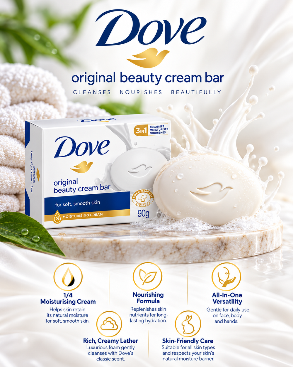 Dove Moisturising Beauty Cream Bar Soap | 4 x 90g Pack