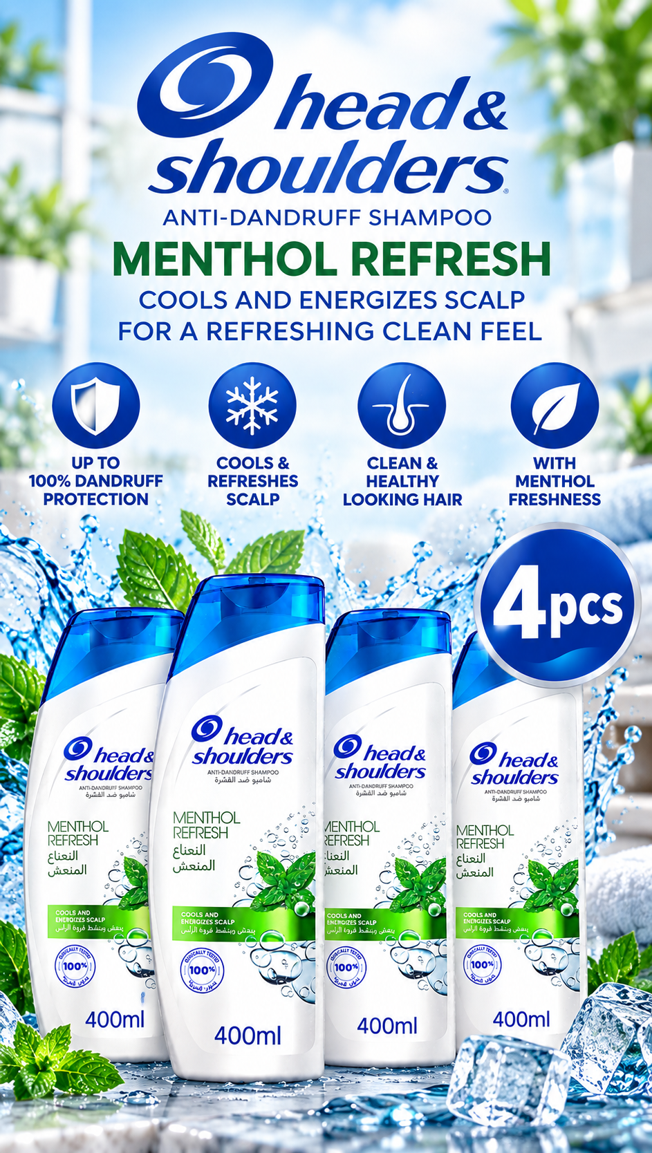 Head & Shoulders Refreshing Menthol Shampoo 400ml x 4pcs  – Cooling Anti-Dandruff Care