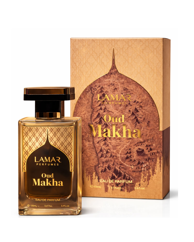 Lamar Perfumes Oud Makha perfume bottle and packaging on a white background