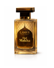 Perfume bottle labeled 'Oud Makha' by Lamar Perfumes on a white background

