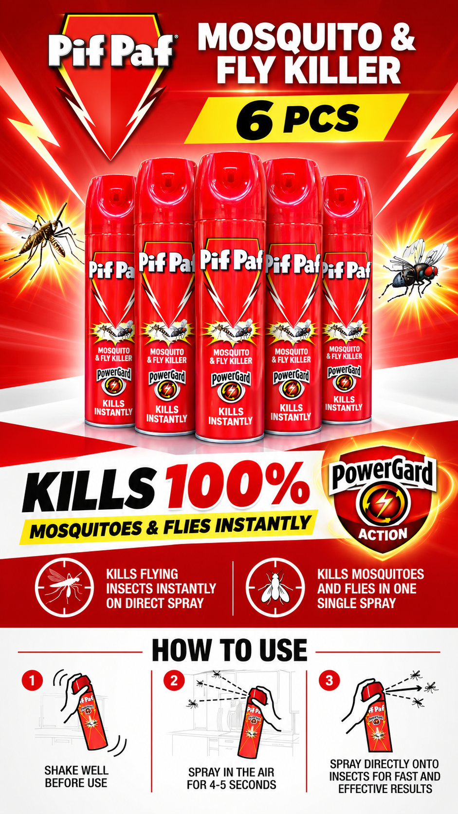 Pif Paf Red Mosquito & Fly Killer Spray 400ml – 6 Pcs Fast-Action Insect Control