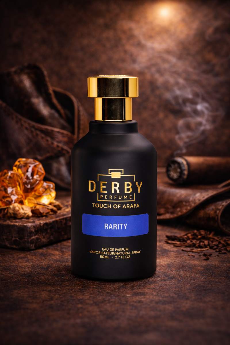Black perfume bottle with gold cap labeled 'Derby Perfume' on a dark background.