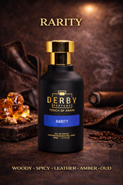 Black perfume bottle with gold cap on a dark background, featuring the brand 'Derby Perfume'.