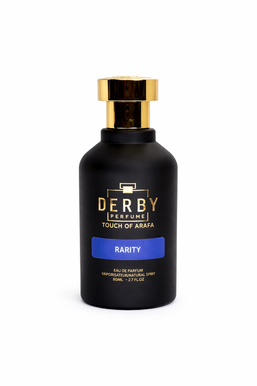 Black perfume bottle with gold cap labeled 'Derby' on a white background