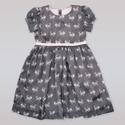 Rachel Riley Girls Grey Pink Cat Print Cotton Party Dress