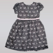 Rachel Riley Girls Grey Pink Cat Print Cotton Party Dress